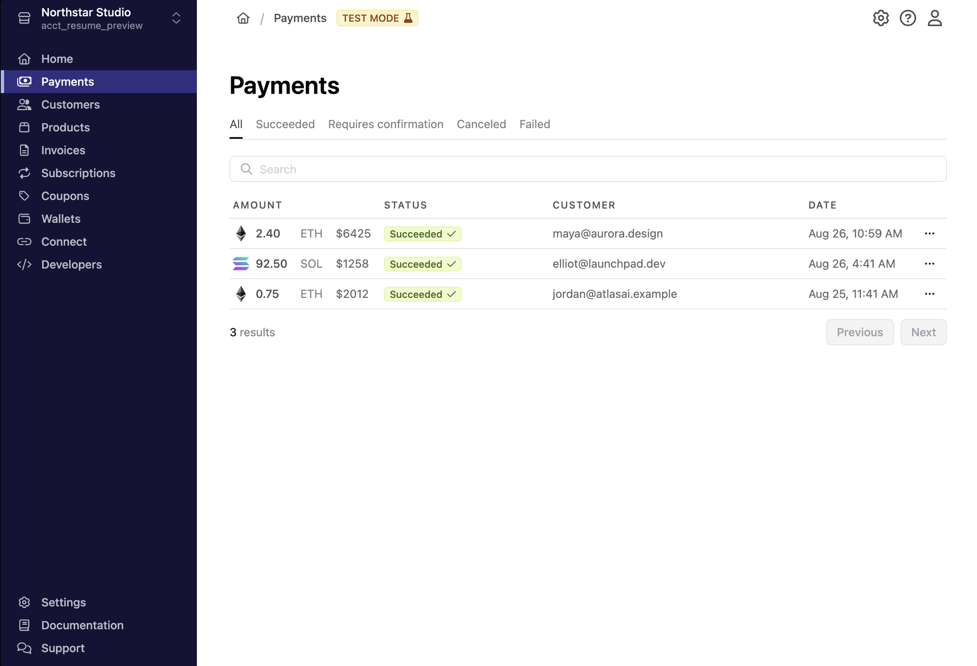 Merchant dashboard for tracking crypto payments and account activity.