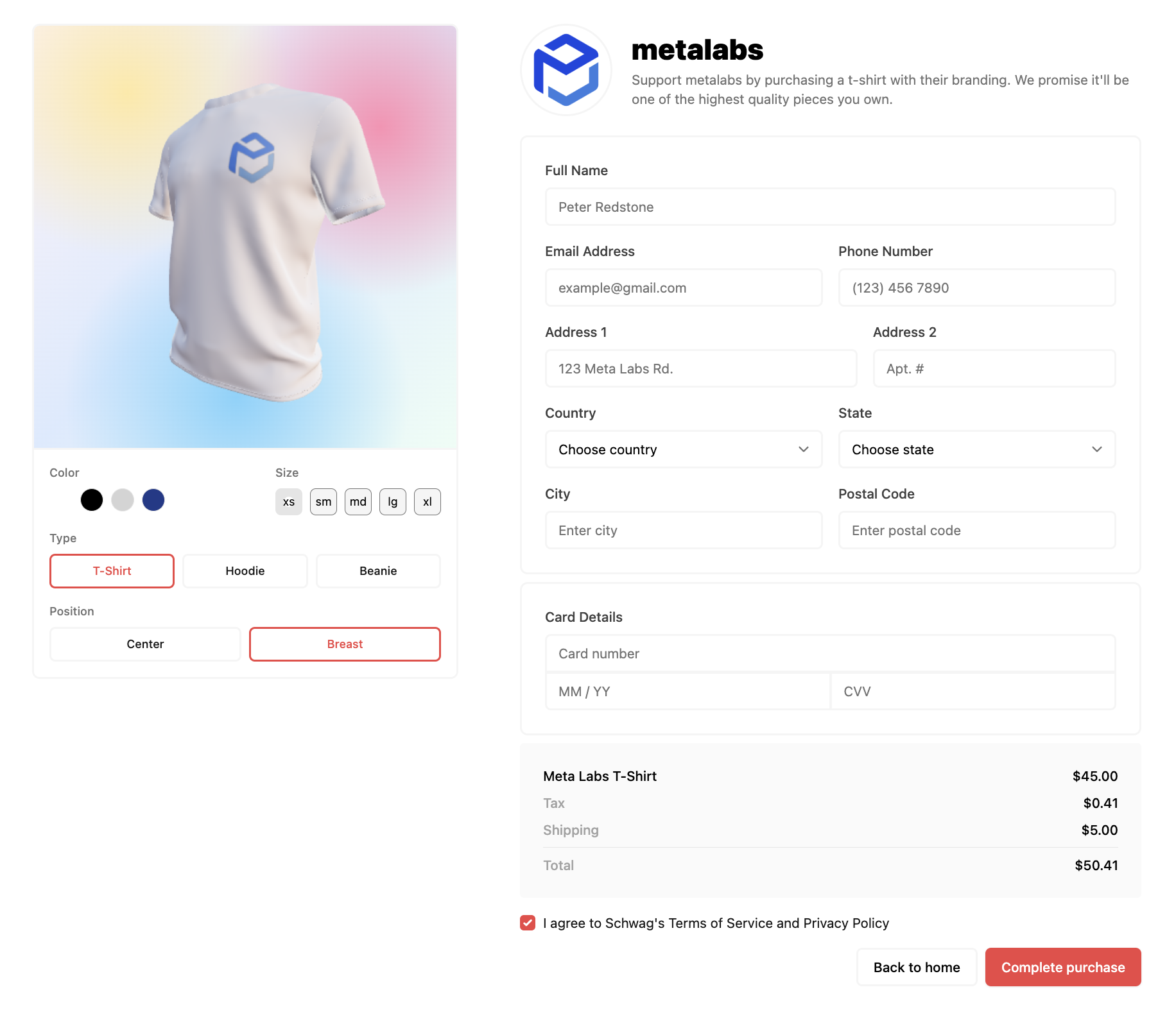 Checkout flow for purchasing generated branded merchandise.
