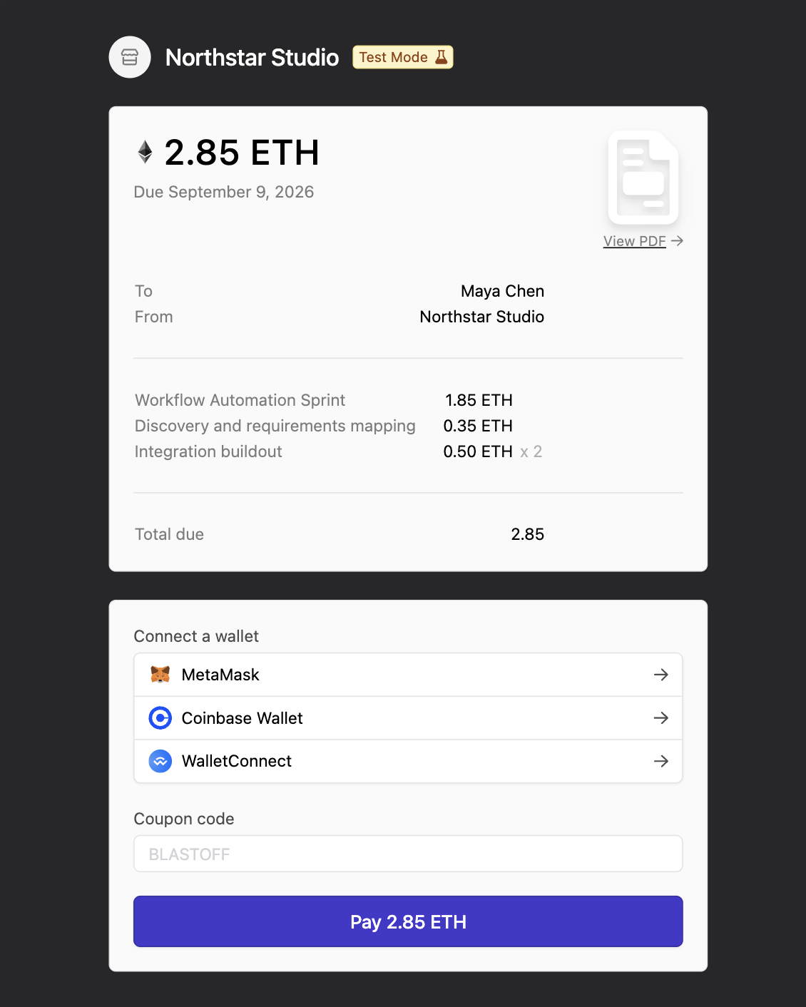 Invoice view for manual crypto payment requests.