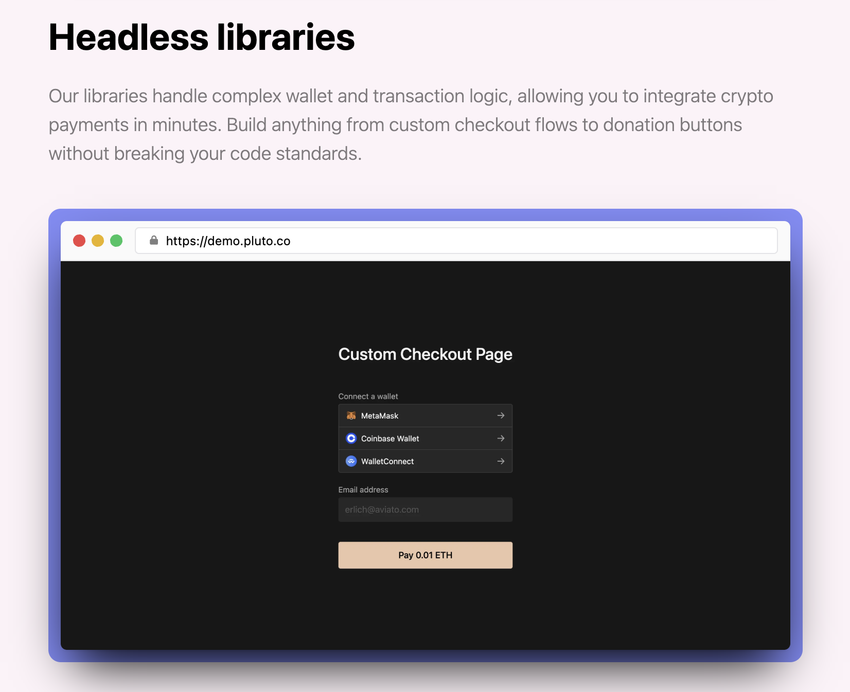Headless client libraries for embedding crypto payments into custom storefronts.