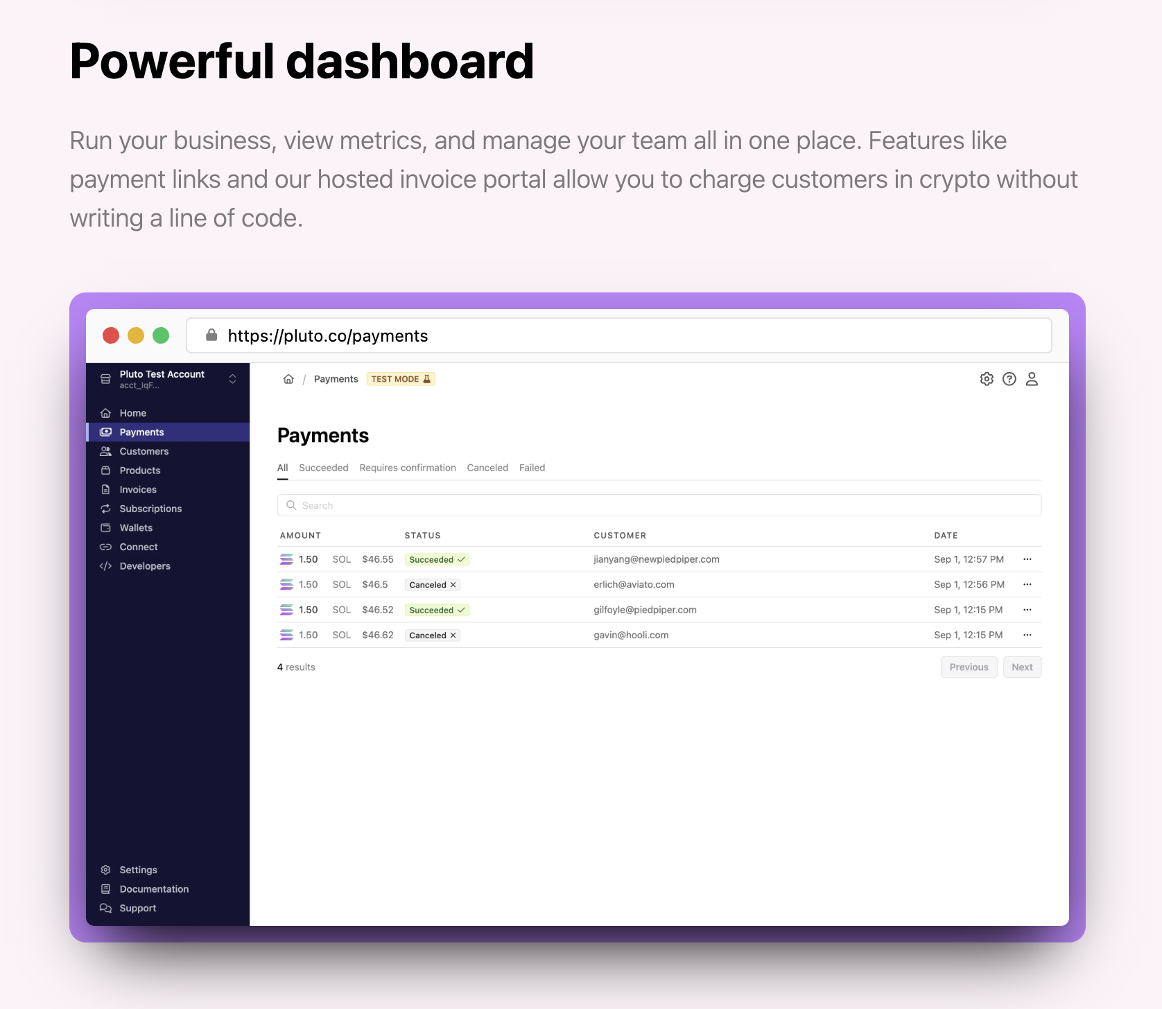 Dashboard landing screen for Pluto merchants.